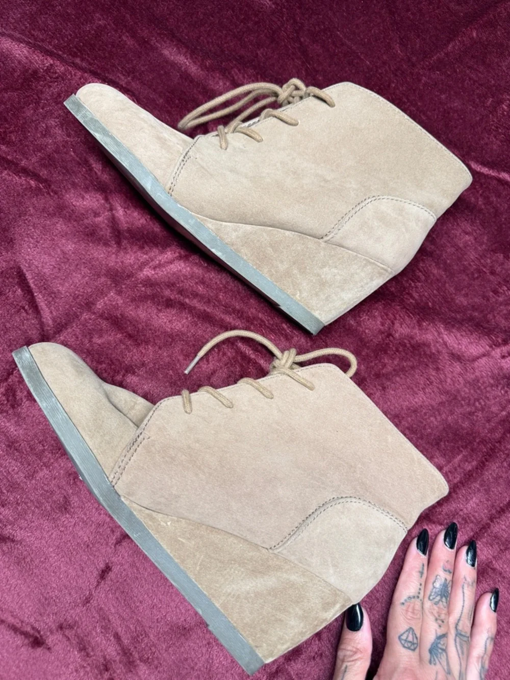 Madden Girl Beige Suede Lace-Up Wedge Booties - Womens